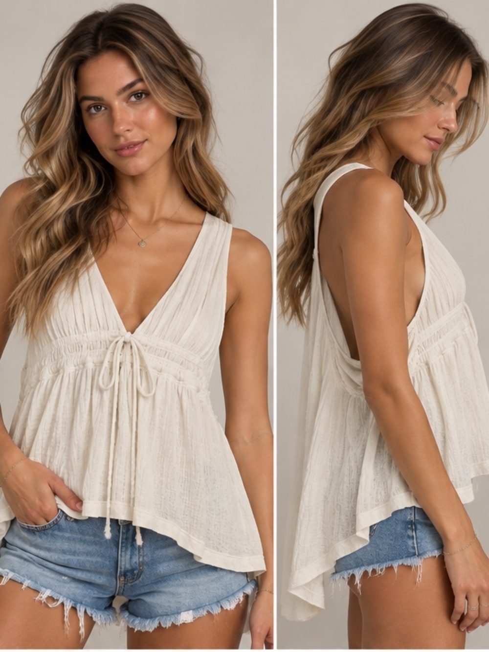 Free People Cream V-Neck Tie-Front Flowy Tank